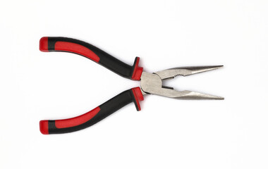 Open slim-nose gripping pliers, white background.