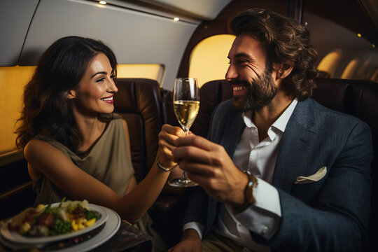 Successful couple making a toast with champagne glasses while a private airplane
