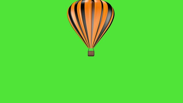 3D animation, a hot black-orange air balloon takes off against the background of a green screen.  Travel and vacation concept.