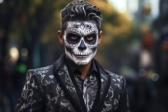 Young man with painted skull on his face outdoors. Celebration of Mexico's Day of the Dead (El Dia de Muertos), generative ai 
