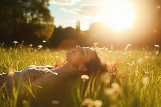 Cheerful young woman smiling and enjoying in the sunset. Woman lying on the grass young woman laying in a field of bluebonnet wildflowers