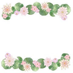 Water lily flowers and leaves watercolor illustration. Frame for text. For designing labels, invitations, business cards, postcards, etc. For printing on women's products. From the ZODIAC collection