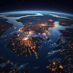 view from space of earth, oceans and lights from cities are visible, astounding aerial photography.