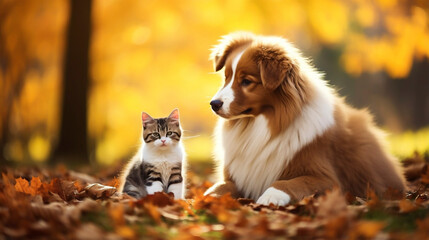 Beautiful cute dog and cat posing in an autumn park. Cute pets posing in an autumn forest. Best friends forever. Cute sweet dog and cat. Adorable couple. Sweet animals.