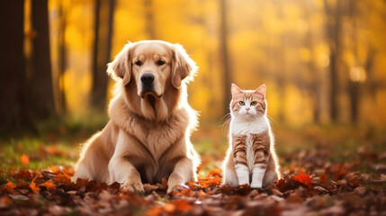 Beautiful cute dog and cat posing in an autumn park. Cute pets posing in an autumn forest. Best friends forever. Cute sweet dog and cat. Adorable couple. Sweet animals.