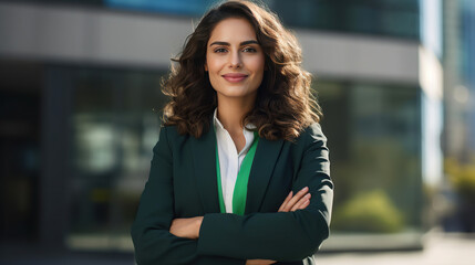 Young, confident corporate businesswoman stands smiling outside her office building, exuding positivity and success in a vibrant portrait of modern professionalism.
