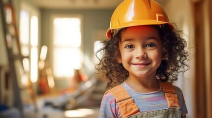 Portrait of a small cute girl wearing a hard hat. Renovation or construction concept. - obrazy, fototapety, plakaty