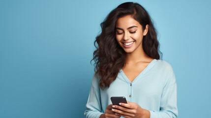 Young adult smiling happy pretty woman holding mobile phone, typing message, doing ecommerce shopping on cell, isolated on blue background - obrazy, fototapety, plakaty