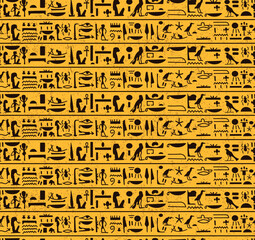 Ancient dark brwon egyptian hieroglyphs alphabet pattern over yellow background seamless pattern