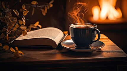 Cozy, relaxing, reading, warm beverage, leisure time, literature, relaxation, aromatic, steamy, comforting, pages, cozy atmosphere, caffeine, soothing. Generated by AI.