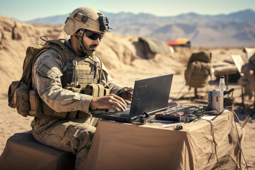 Soldier is Using Laptop Computer and Radio for Communication During Military Operation in the Desert