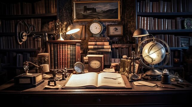 Literary exploration, bygone era ambiance, creative sanctuary, historical quills and inkwells, authorial dedication, writing heritage. Generated by AI.