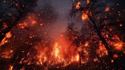 Nature's wrath, fiery particles, windborne flames, raging blaze, captivating danger, wildfire's airborne chaos, elemental force. Generated by AI. - obrazy, fototapety, plakaty