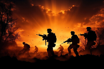 Fototapeta na wymiar Silhouettes of army soldiers in the fog against a sunset, marines team in action, surrounded fire and smoke, shooting with assault rifle and machine gun, attacking enemy