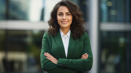 Naklejka premium Young, confident corporate businesswoman stands smiling outside her office building, exuding positivity and success in a vibrant portrait of modern professionalism.