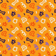 Colorful squiggle Halloween party seamless pattern. Cute orange purple white elements. doodle background illustration of autumn celebration decoration and childish creative abstract scribbles on white