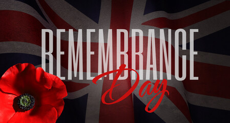 Poppy bud is a symbol Poppy Day and Remembrance Day . Great Britain flag. 3d illustration