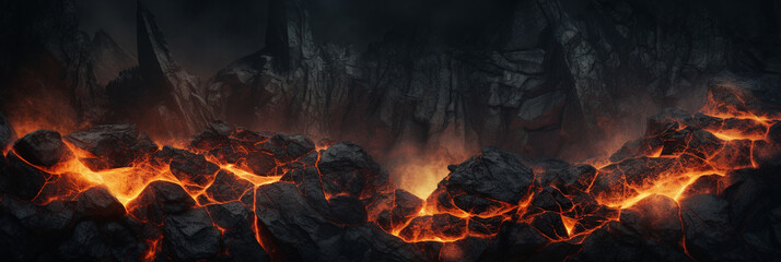 Lava rock with fire gaps between stones background - obrazy, fototapety, plakaty