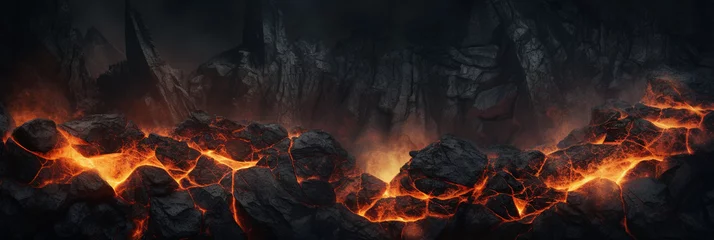 Fotobehang Lava rock with fire gaps between stones background © Diana