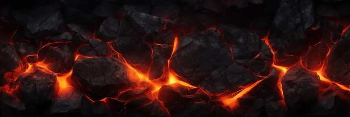 Gordijnen Lava rock with fire gaps between stones background © Diana