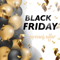 Black Friday sale vector design. Black gold background with flying gold confetti and balloons. Elegant holiday decoration web banner layout template. Vector illustration
