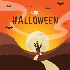 Happy Halloween.Dark castle on the background of the moon. Vector illustration