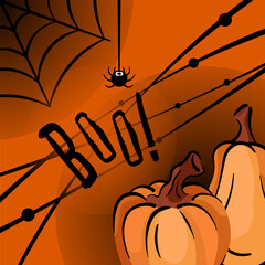 Happy Halloween greeting card vector illustration Boo! with cobwebs on an orange background. Vector illustration