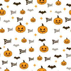 Vector seamless Halloween pattern with orange smiling spooky pumpkins. Holiday background for wrapping paper vector illustration