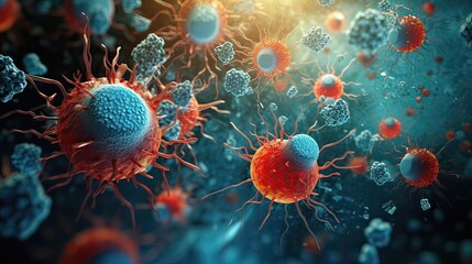 Human host and virus interaction at the cellular level. Microscopic warfare, immune system defense, viral invasion, cellular struggle, molecular combat. Generated by AI. - obrazy, fototapety, plakaty