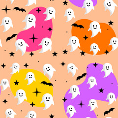 Vector seamless Halloween pattern with orange smiling spooky pumpkins. Holiday background for wrapping paper vector illustration