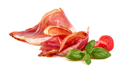 Dry Spanish ham, Jamon Serrano, Bellota, Italian Prosciutto Crudo or Parma ham, isolated on white background.