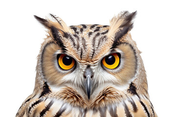 Obraz premium Portrait of Grey Owl looking at camera isolated on transparent background, raptors animal wildlife and habitat concept, Environmental Conservation.