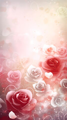 AI generated illustration of a vertical background with pink, red and white roses over an abstract multicolored space.