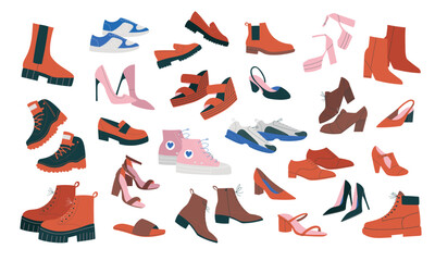 Big set with different shoes, boots and other footwear. Hand drawn isolated vector illustration in flat design - obrazy, fototapety, plakaty