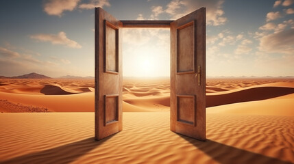 Opened door in desert background, startup concept
