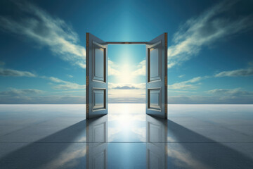 Opened doors stretching into heaven. Way to unknown. Teleportation gate to another world