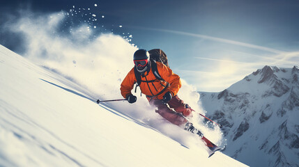 A young man playing skiing on winter time, background is a mountain.