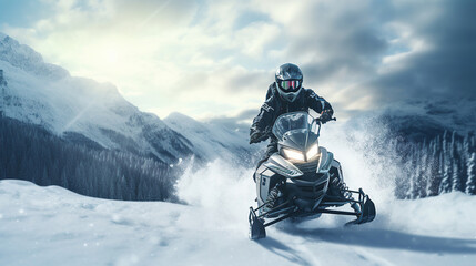 A young man ride motor ski on winter time, background is a mountain. - obrazy, fototapety, plakaty