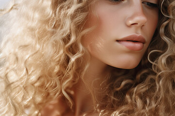 Close up of a woman with healthy curly blond hair, National Hair Day banner 