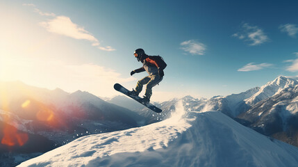 Naklejka na ściany i meble A young man play a snowboard on winter time, jumping in the air, background is a mountain.