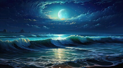 Ocean waves that gracefully reflect the moonlight on a serene night, where the meeting of earth and sky forms a soothing and captivating seascape. Moonlit reflections, serene waters. Generated by AI. - obrazy, fototapety, plakaty