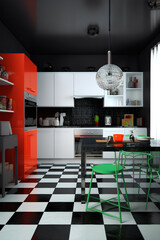 Pop-art style kitchen interior in modern house.
