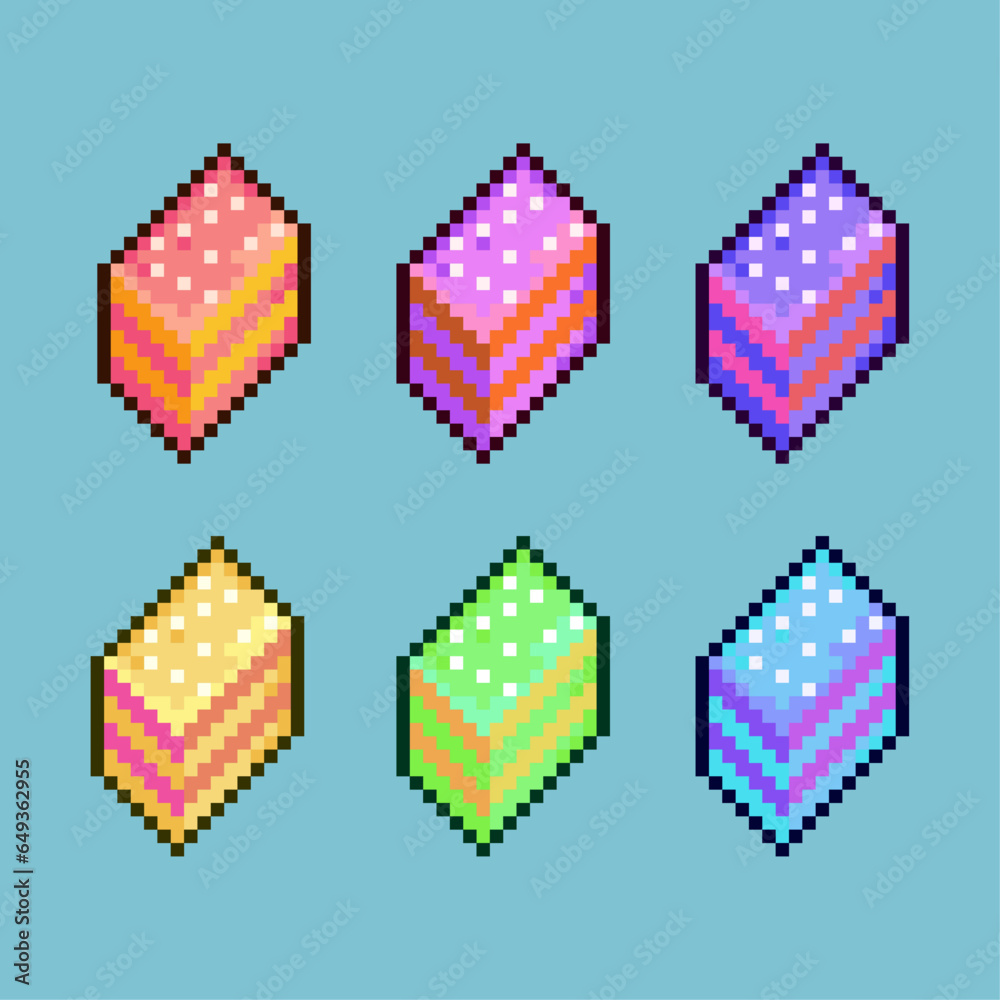 Poster pixel art sets of food cake with variation color item asset. simple bits of food cake for game item 
