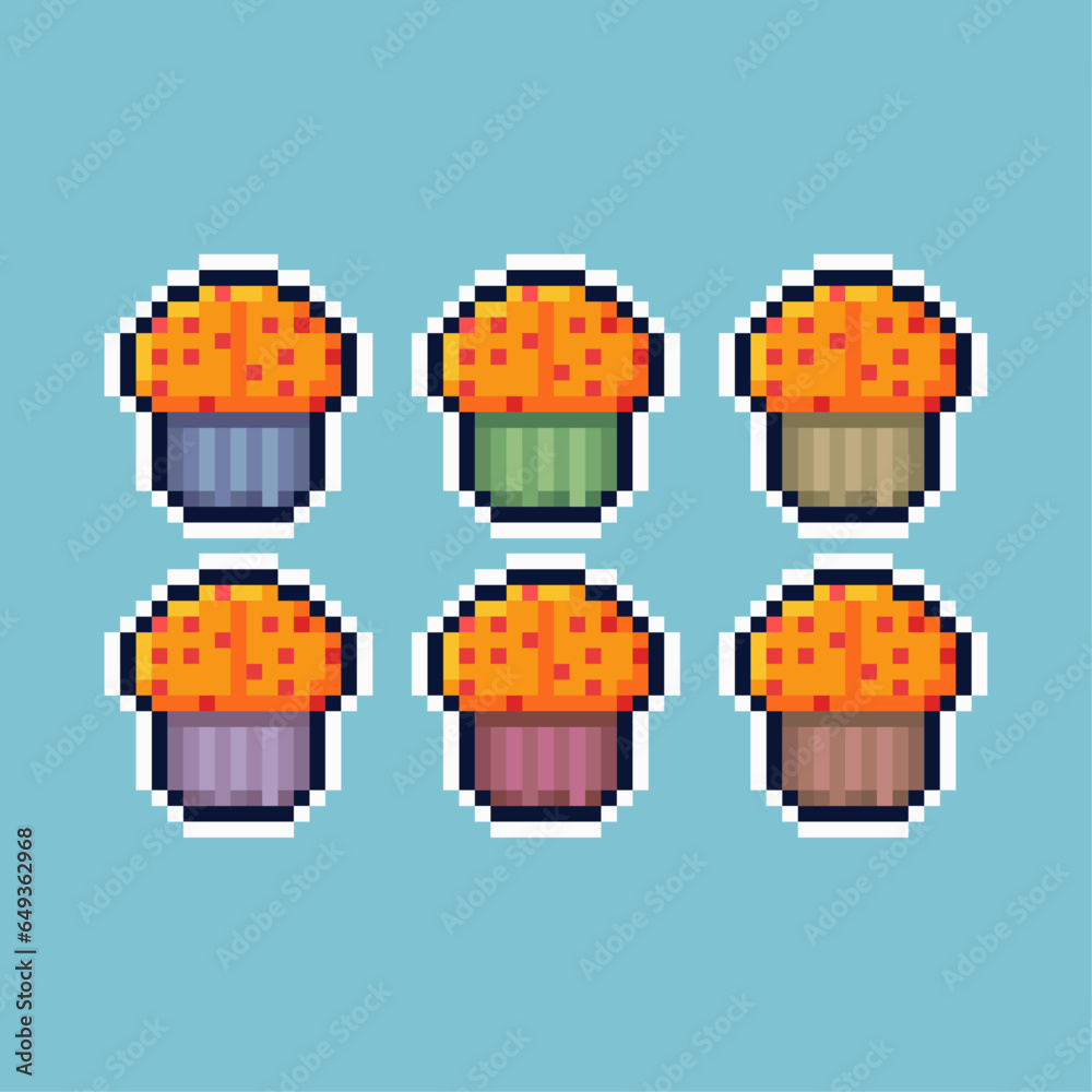 Poster pixel art sets of muffin cake with variation color item asset. simple bits of muffin cake game item 