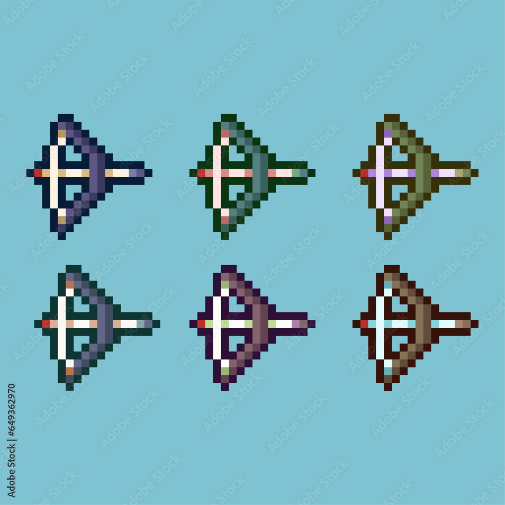 Poster pixel art sets of traditional bow with variation color item asset. simple bits of wooden bow rpg on 
