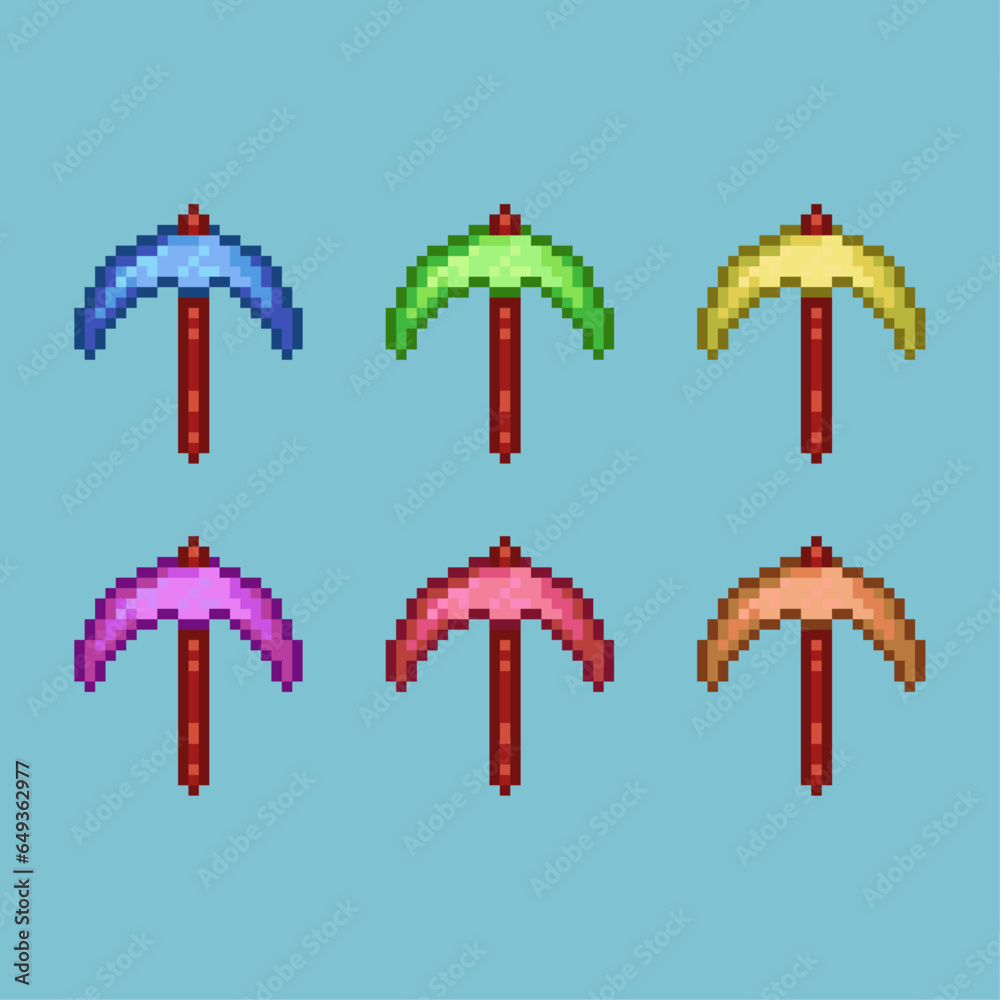 Fototapete pixel art sets of pickaxe for digging game with variation color item asset. simple bits of pickaxe o