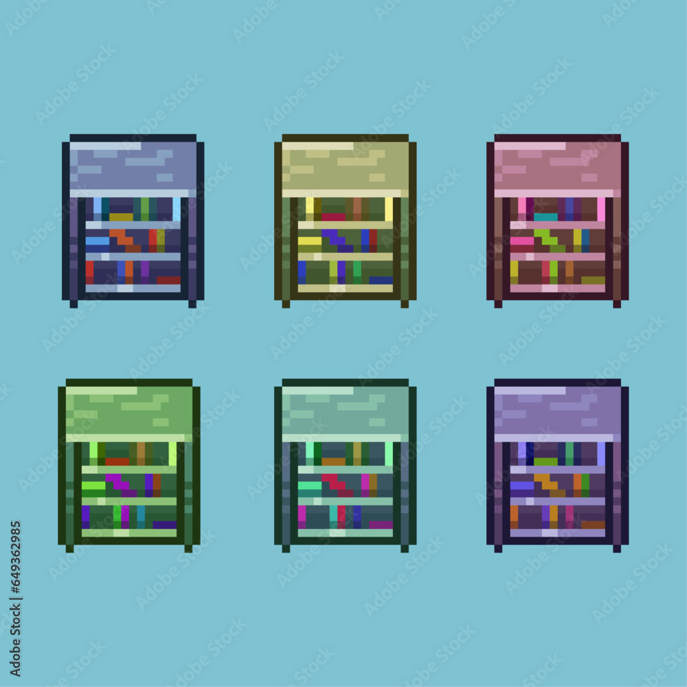 Poster pixel art sets of bookshelf with variation color item asset. simple bits of bookshelf on pixelated s