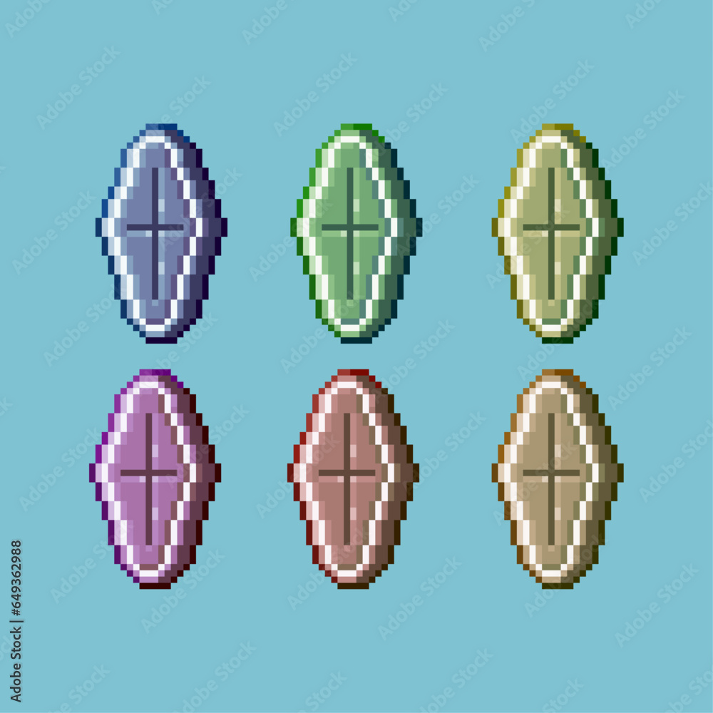 Poster pixel art sets of grave coffin with variation color item asset. simple bits of coffin on pixelated s