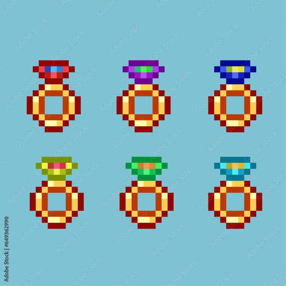 Poster pixel art sets of ring rpg game loot with variation color item asset. simple bits of rings on pixela