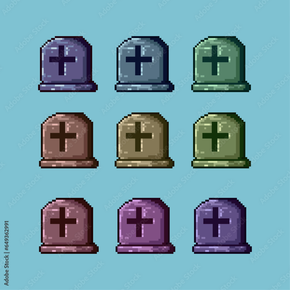 Poster pixel art sets of rip grave halloween with variation color item asset. simple bits of grave on pixel